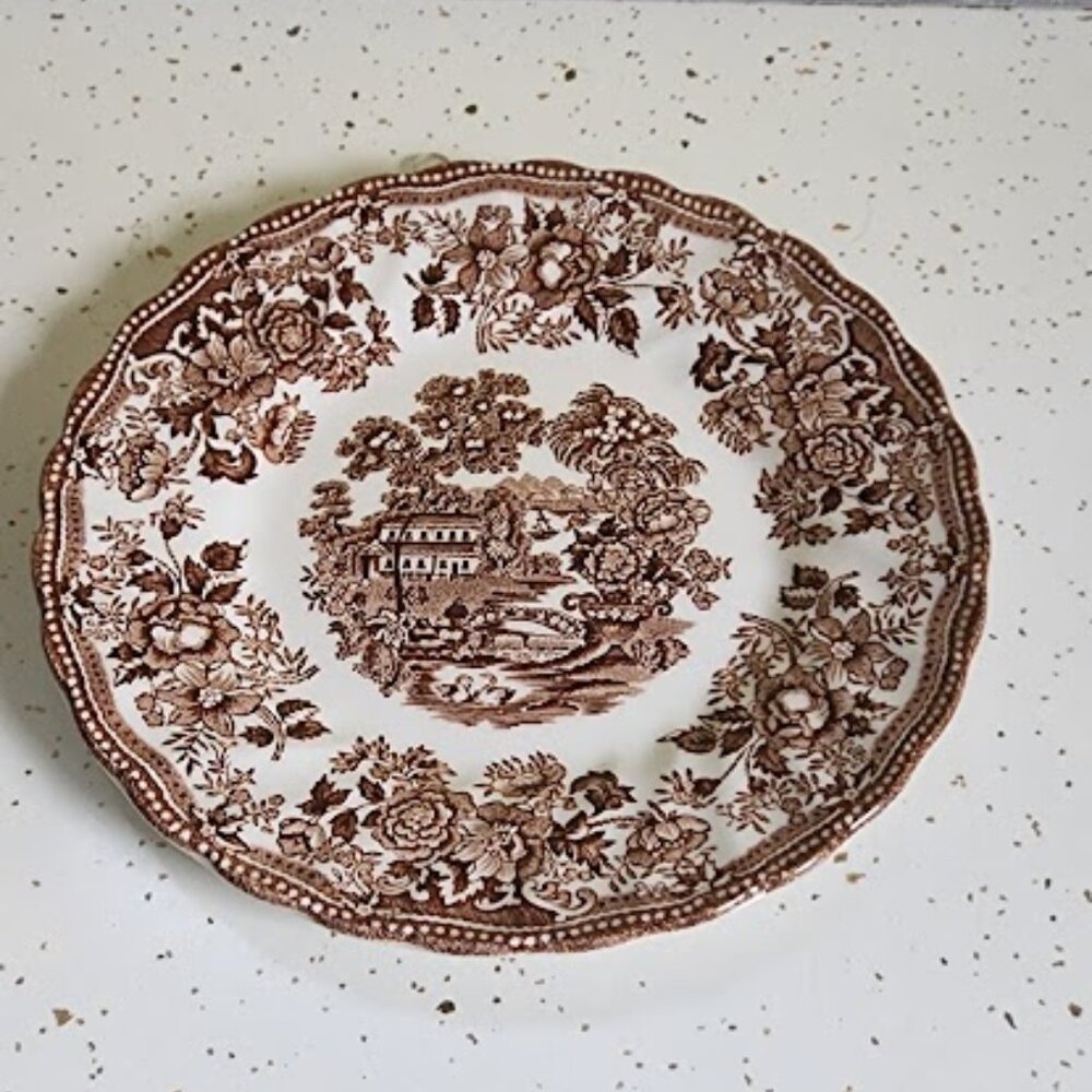 MYOTTS TONQUIN PLATE IRONSTONE DINNER PLATE IN BROWN AND WHITE SWIRL DESIGN RIM